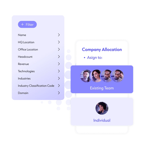 The image displays a user interface with a filter panel on the left and a 'Company Allocation' section on the right. The filter panel includes options such as Name, HQ Location, Office Location, Headcount, Revenue, Technologies, Industries, Industry Classification Code, and Domain.