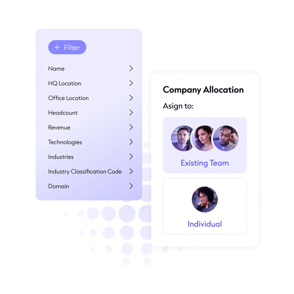 The image displays a user interface with a filter panel on the left and a 'Company Allocation' section on the right. The filter panel includes options such as Name, HQ Location, Office Location, Headcount, Revenue, Technologies, Industries, Industry Classification Code, and Domain.