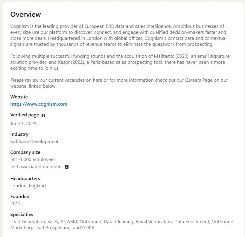 A screenshot of Cognism’s about section on LinkedIn.