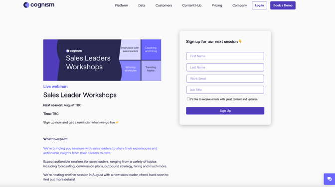Example of an online workshop dedicated to sales leaders. The sign-up form is short and to the point, helping convert high-quality leads