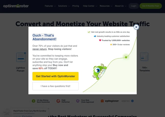 OptinMonster’s exit-intent pop-ups capture leads about to leave the website by offering a discount.