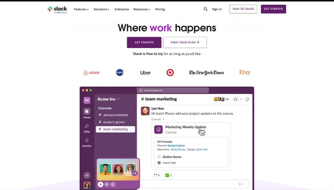 Slack’s homepage features a sleek, visually appealing signup form paired with a strong CTA