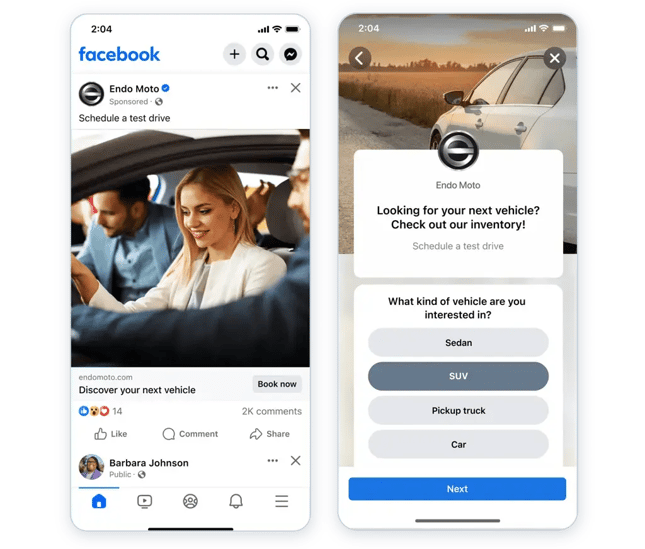 Image showing a Facebook lead generation example.
