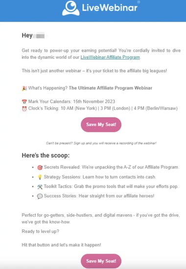 LiveWebinar affiliate webinar email marketing campaign