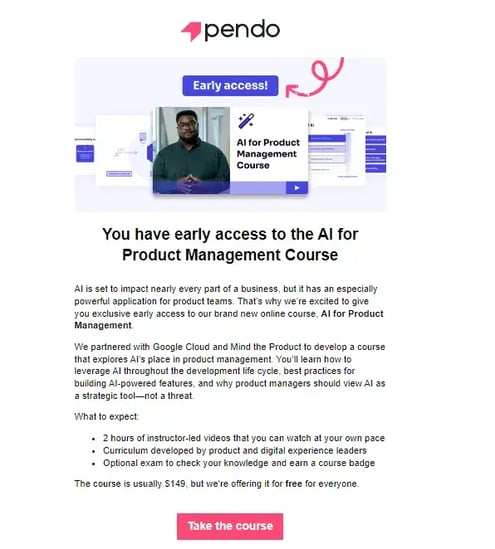 Pendo product management course early access campaign