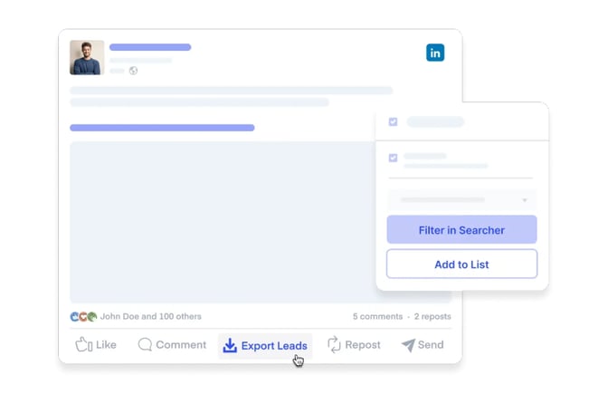 A blurred-out image of the Amplemarket dashboard on LinkedIn. It shows the option to export leads, add to list or filter in searcher.