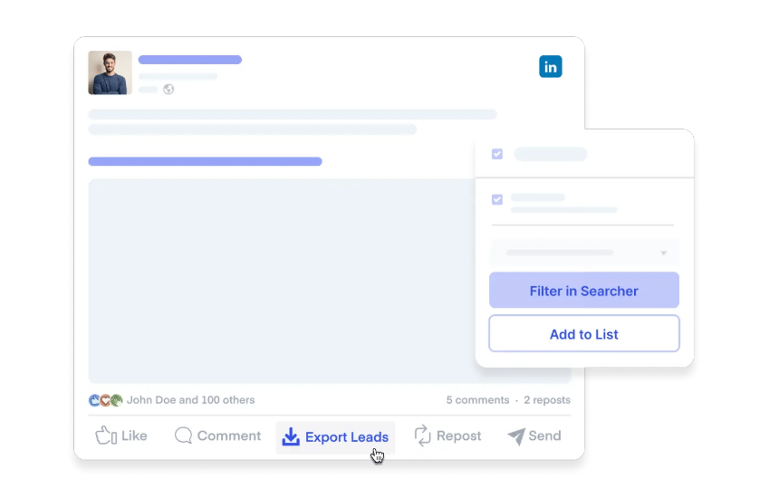 A blurred-out image of the Amplemarket dashboard on LinkedIn. It shows the option to export leads, add to list or filter in searcher.