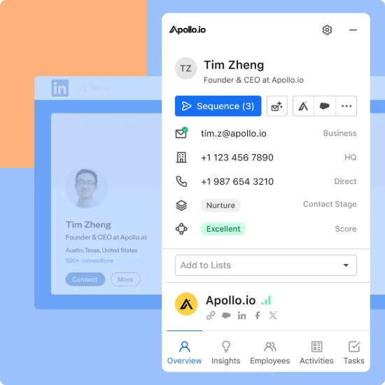 Apollo.io screenshot showing an example of a contact card. The background is blue and orange.