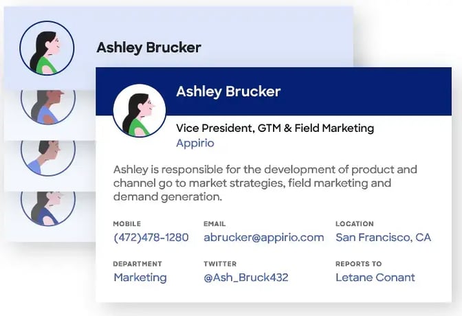 This dark blue and white image showcases an example of a DiscoverOrg prospect account. The name is Ashley Brucker, and the image shows the mobile, email, location, department, Twitter, and who they report to.