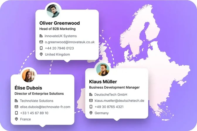An example of contacts one can find on Kaspr. The image is purple with a light pink European map.