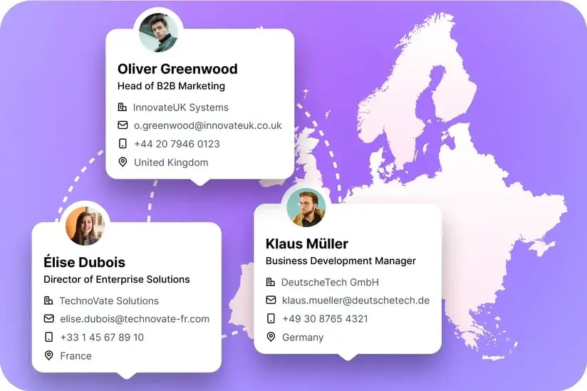 An example of contacts one can find on Kaspr. The image is purple with a light pink European map.