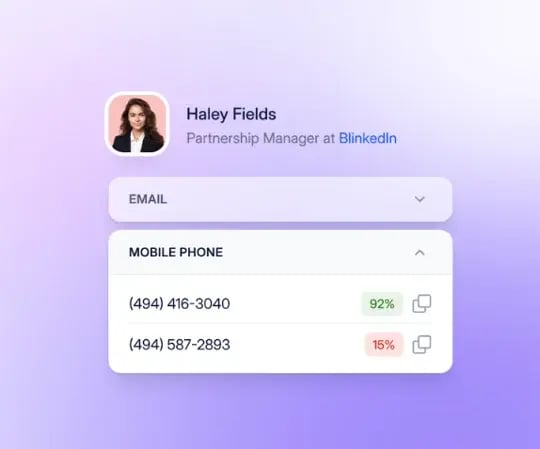 This purple image shows an example of a Seamless.AI contact card. It shows the mobile drop-down of a person called Haley Fields.