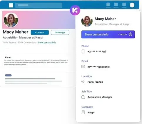 Graphic of the Kaspr Chrome Extension working over a LinkedIn profile.