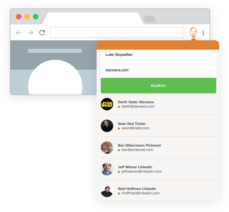 Image showing how Voila Norbert can search sites for emails. In this example, the search is for Luke Skywalker.