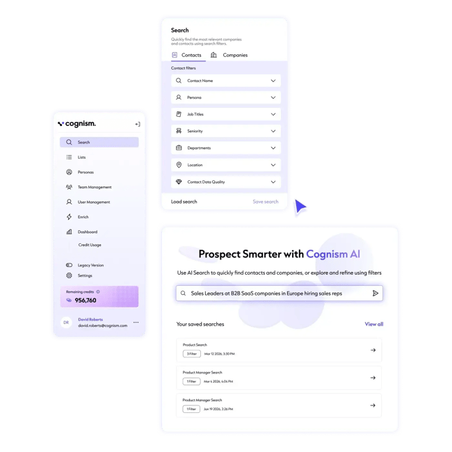 The image shows a screenshot of a user interface for a search tool named 'Cognism AI'. On the left side, there is a navigation menu with options such as Search, Contacts, and Company.