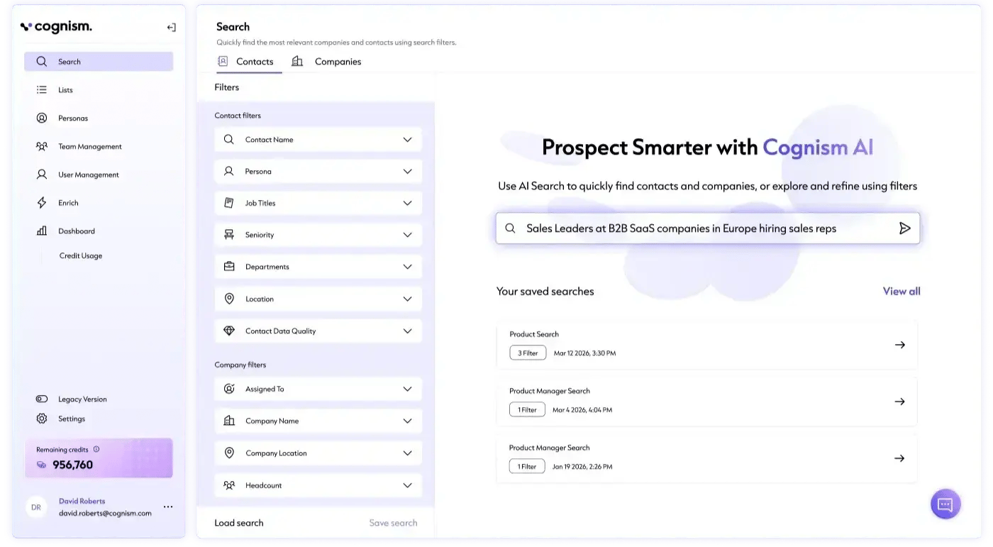 View of the Cognism Dashboard.