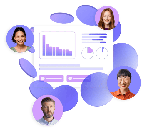 The image shows a graphical representation of a business or analytics concept with a bar chart and pie chart inside a document icon, surrounded by abstract shapes and blurred portraits of three individuals.