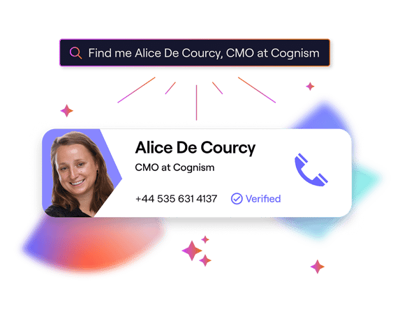 Cognism AI search shows an image of Alice De Courcy, CMO at Cognism with a verified phone number. 