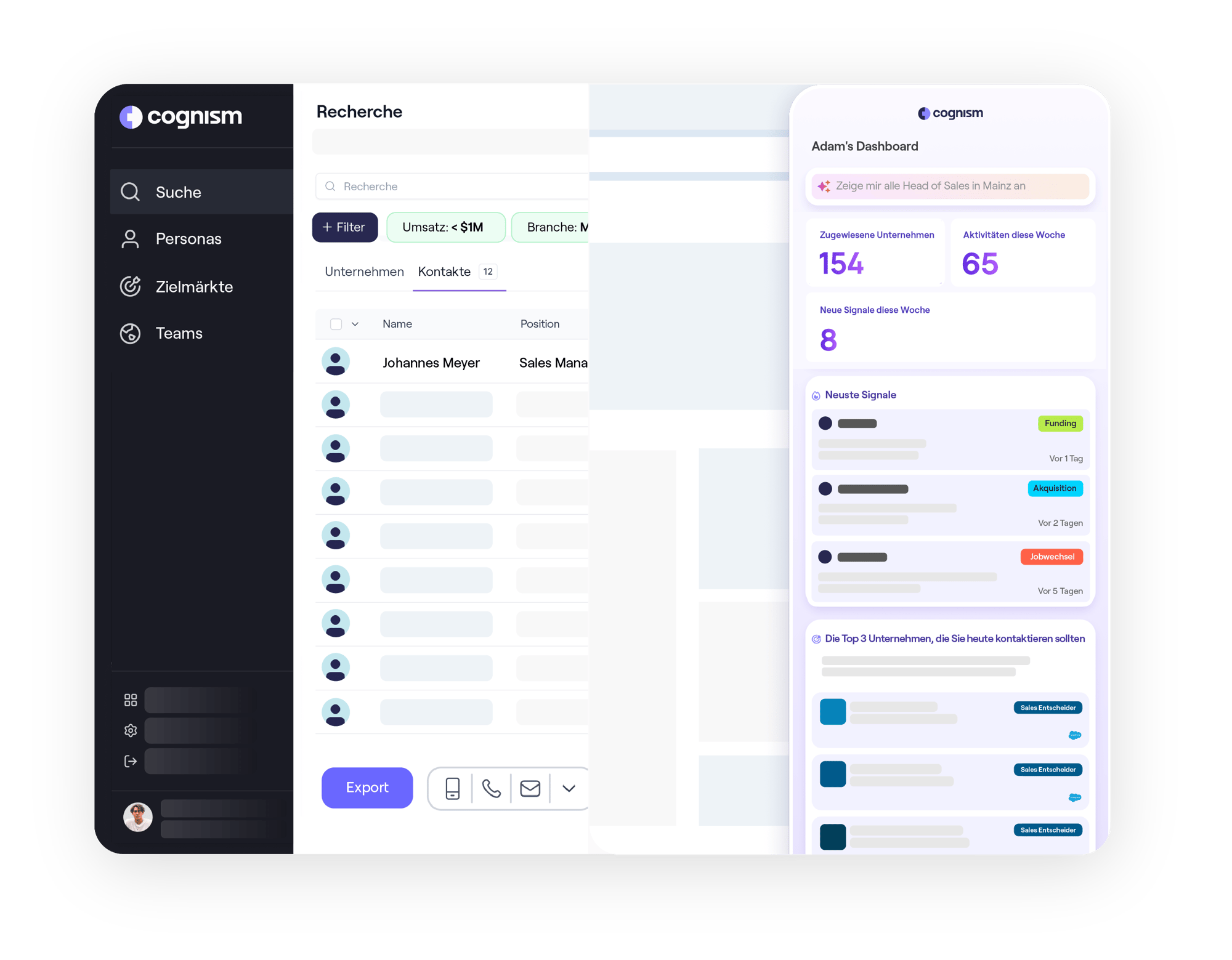 Ansicht des Cognism Sales Companion Dashboards.