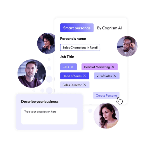 The image displays a user interface for creating a 'Smart persona' for a business. It includes fields for entering a person's name, job title, and a description of the business.