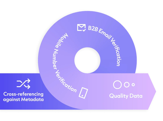 The image displays a circular diagram with a hole in the centre. The diagram is divided into four segments: ‘B2B Email Verification', ‘Quality Data', ‘Cross-referencing against Metadata', and ‘B2B Email Verification'.
