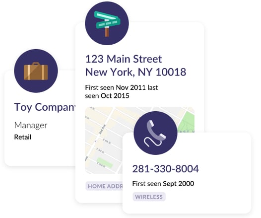 Three pop-ups with icons show an address, a name and a direct dial for a generic toy company.