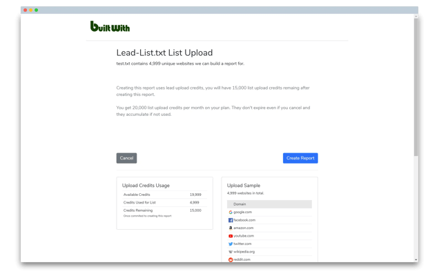 Screenshot of the Built With lead list upload page. It is white. There is a green logo and a blue button.