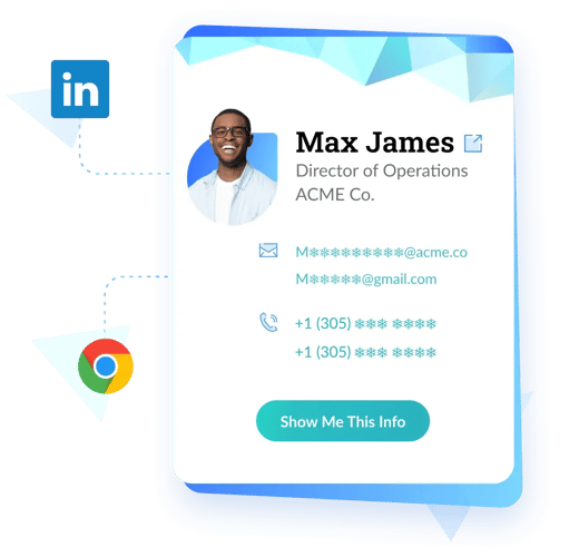 Screenshot from the Datanyze homepage. Shows a blue and green pop-up for a profile called Max James.