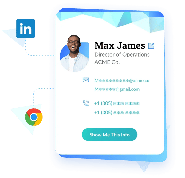 Screenshot from the Datanyze homepage. Shows a blue and green pop-up for a profile called Max James.