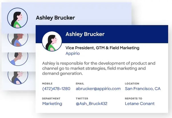 This dark blue and white image showcases an example of a DiscoverOrg prospect account. The name is Ashley Brucker, and the image shows the mobile, email, location, department, Twitter, and who they report to.