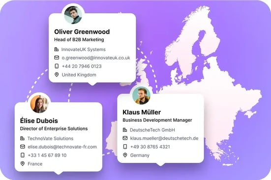 An example of contacts one can find on Kaspr. The image is purple with a light pink European map.