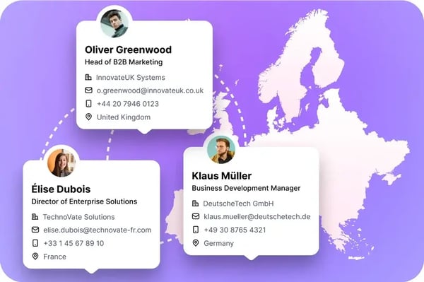 An example of contacts one can find on Kaspr. The image is purple with a light pink European map.