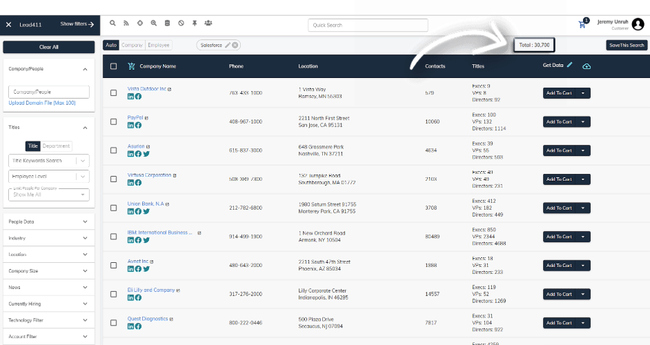 An image of the Lead411 dashboard. It shows a list of prospects with the option to add them to a cart.