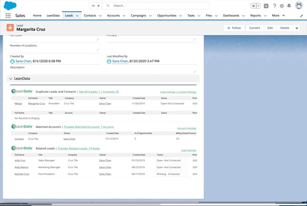 Leandata screenshot within Salesforce product graphic
