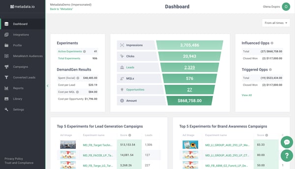 Metadata.io screenshot of dashboard