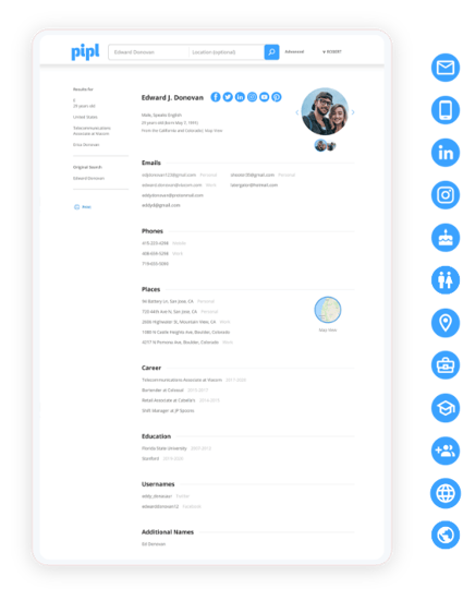 Screenshot of the Pipl dashboard. It is white with black writing and blue icons on the side.