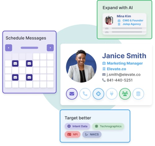 This is an image taken from the RocketReach website showcasing an example contact called Janice Smith, with options to expand with AI, schedule messages, and target better.