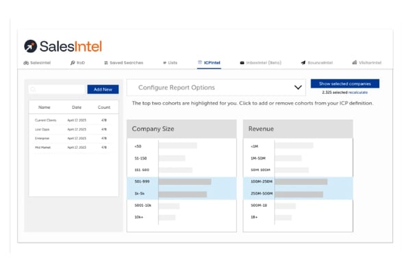 An image of the SalesIntel dashboard showcasing company size and revenue.
