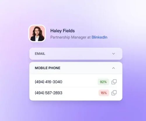 This purple image shows an example of a Seamless.AI contact card. It shows the mobile drop-down of a person called Haley Fields.