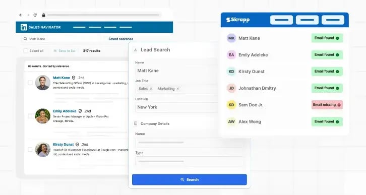 Screenshot from Skrapp.io showing the tool popping up over LinkedIn.