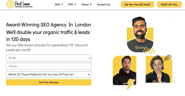 Screenshot of the Pearl Lemon Leads website homepage