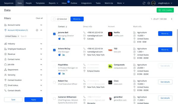 Screenshot of Reply.io dashboard