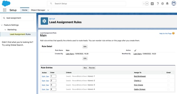 Screenshot of Salesforce lead assignment rules