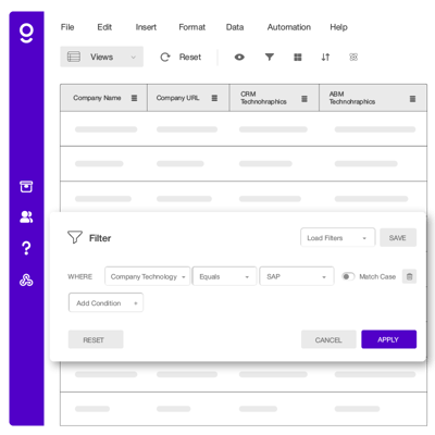 Screenshot of the Thomson Data firmographic data dashboard. It is purple and white and shows filters.