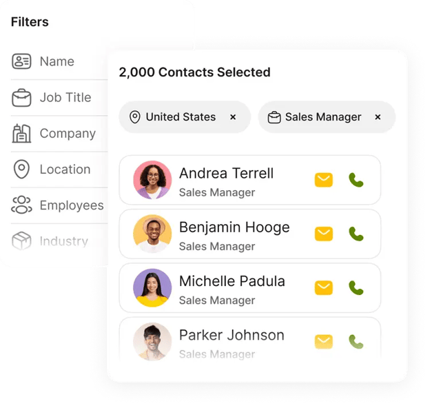 The image displays a user interface with a list of four contacts, each with a name, job title, and a profile picture. All individuals are listed as 'Sales Manager'. There are filter options on the left side of the interface.