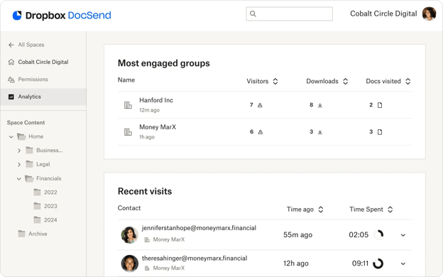 Docsend by Dropbox dashboard