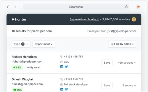 Screenshot of the Hunter.io dashboard.