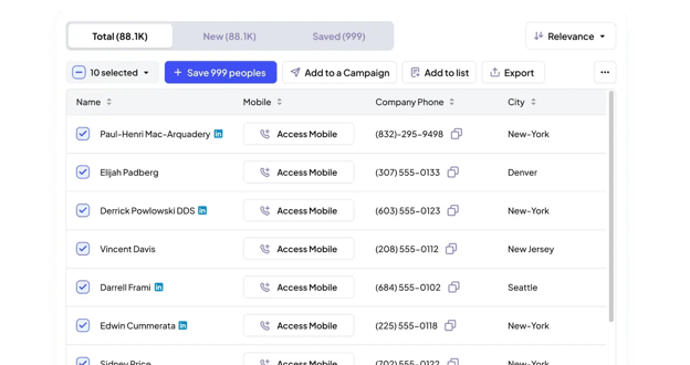 The image shows a user interface of a mobile application or website with a list of contacts. Each contact entry includes a name, an access mobile phone number, and a city.