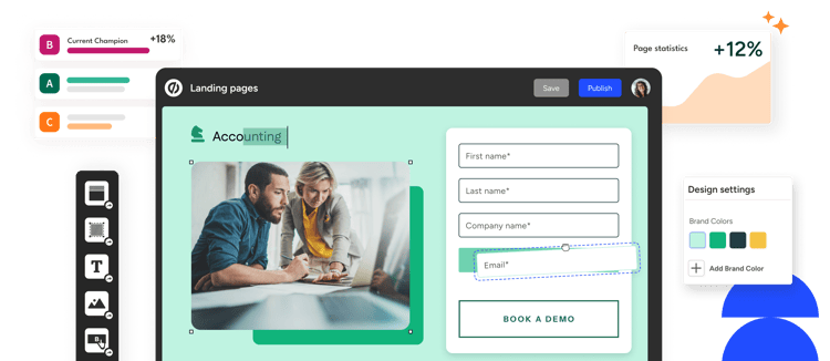 The image displays a user interface of a web design tool with various elements. On the left, there are design elements like color swatches and icons. In the center, there is a preview of a landing page with a form asking for 'First name', 'Last name', 'Email', and a 'BOOK A DEMO' button.