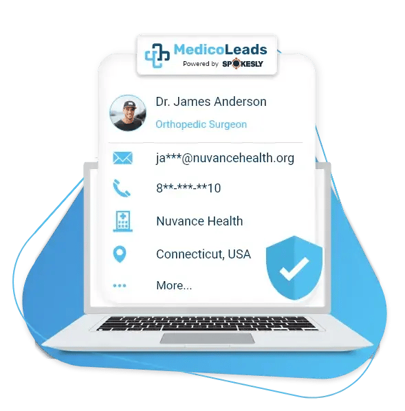 This is a screenshot from the Medicoleads website. It shows a cartoon laptop with a blue orb around it and contact details for a medical professional.